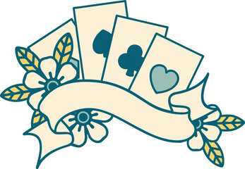 iconic tattoo style image of cards and banner