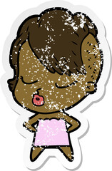 distressed sticker of a cartoon pretty hipster girl