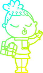 cold gradient line drawing of a cartoon calm woman