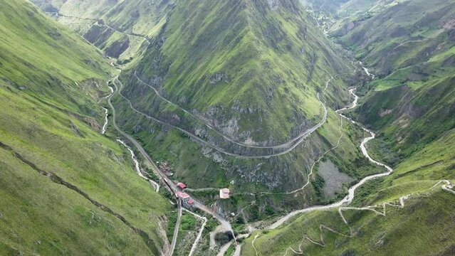 Aerial of Nariz del Diablo, devil&rsquo;s nose, a famous railroad track in the andes of Ecuador, so steep, it has to zig zag up the mountains with reversing into dead ends, South America