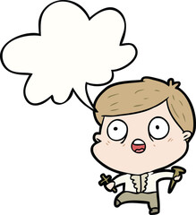 cartoon frightened man hunting halloween vampires with speech bubble