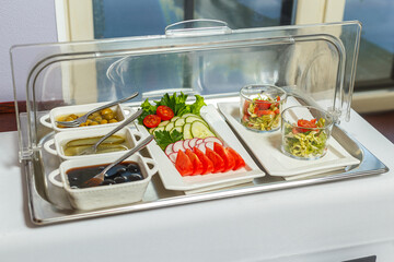 catering buffet food indoor in luxury restaurant with meat and vegetables
