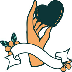 traditional tattoo with banner of a hand holding a heart