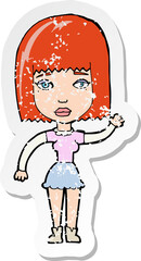 retro distressed sticker of a cartoon waving woman