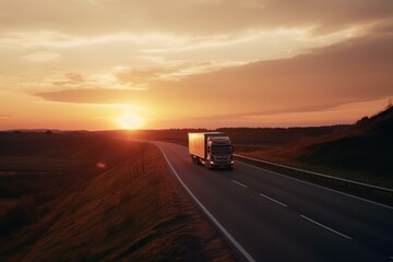 Fototapeta na wymiar A fast-moving semi-truck driving on the road during sunset. Transportation, shipping, and freight logistics. Generative AI