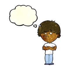 cartoon suspicious man with thought bubble
