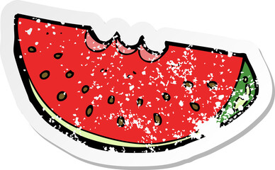 retro distressed sticker of a cartoon watermelon slice - obrazy, fototapety, plakaty