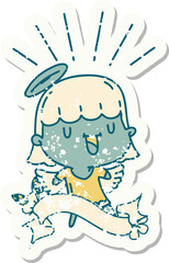 worn old sticker of a tattoo style singing angel