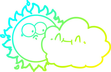 cold gradient line drawing of a cute cartoon cloud and sun