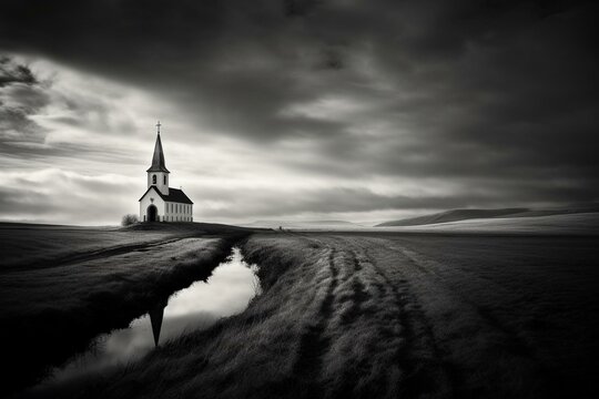 dramatic morning church, black white photo. Generative AI