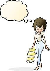 cartoon woman going to bed with thought bubble