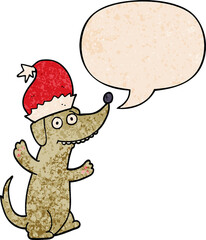 cute christmas cartoon dog with speech bubble in retro texture style