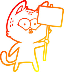 warm gradient line drawing of a cartoon cat with placard