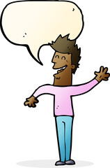 cartoon happy man waving with speech bubble