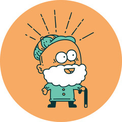 icon of a tattoo style happy old man with walking stick