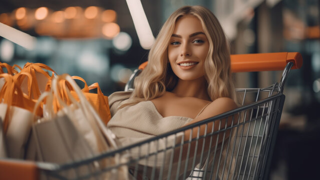 A woman sitting in a shopping cart for Black Friday poster - Fictional Person, Generative AI