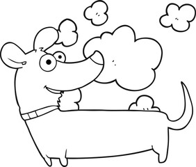 freehand drawn black and white cartoon happy dog