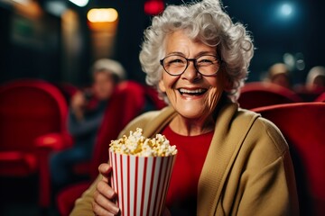 Happy cheerful granny with popcorn watching the movie in the cinema theatre - obrazy, fototapety, plakaty