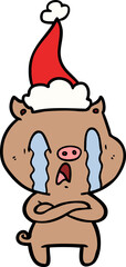 crying pig hand drawn line drawing of a wearing santa hat