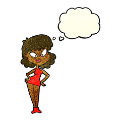cartoon woman with hands on hips with thought bubble