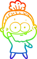 rainbow gradient line drawing of a cartoon happy old woman