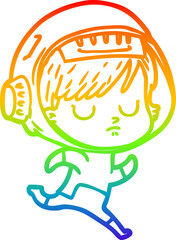 rainbow gradient line drawing of a cartoon astronaut woman