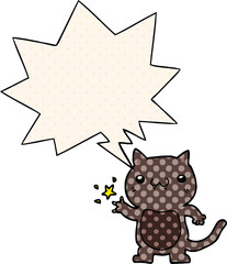 cartoon cat scratching with speech bubble in comic book style