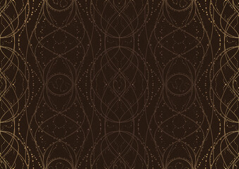 Hand-drawn unique abstract ornament. Light semi transparent brown on a dark brown background, with vignette of same pattern in golden glitter. Paper texture. Digital artwork, A4. (pattern: p10-2b)