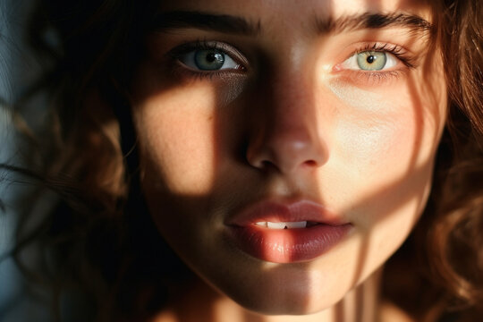 Extreme close up of a caucasian woman with striking Blue eyes and pouty lips. Face of beautiful caucasian woman. interplay of light and shadow. Dramatic composition. High quality photo