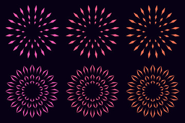 Abstract and decorative round shapes for designs. A set of various colors of radial pattern figures for fireworks designs or decorative ornaments for parties