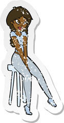 retro distressed sticker of a cartoon pretty girl on stool