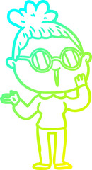 cold gradient line drawing of a cartoon surprised woman wearing spectacles
