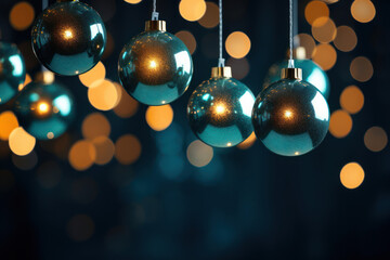 Close up view of ornaments and bokeh garlands in the background illustrating the New Year concept. Deep blue and teal, dark background with copy space.