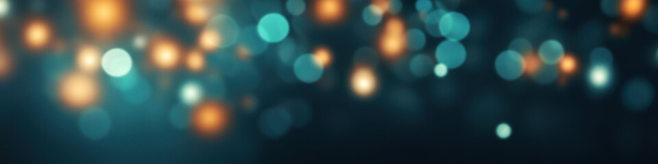 Banner with warm orange and teal lights on a deep blue blurred bockeh background. Cold and warm light, depth of field. Copy space Wallpaper. - obrazy, fototapety, plakaty
