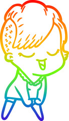 rainbow gradient line drawing of a happy cartoon girl