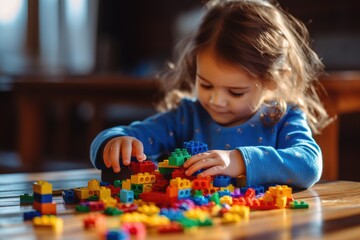 A small child plays with colored toys with construction blocks, preschool development leisure. Cute child builds with his hands colored wall details from a constructor
