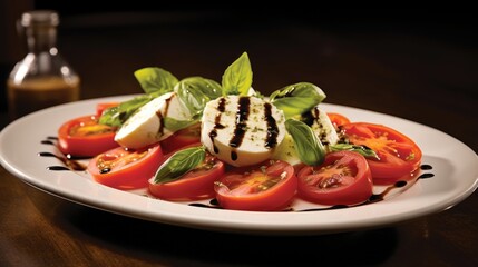 Indulge in the freshness of summer with this Caprese Salad, where crimson tomatoes steal the spotlight. The meticulously arranged slices intermingle with delicate mozzarella, creating a