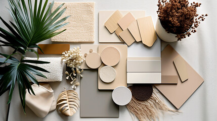 Creative flat lay composition stone, cork, tiles and textiles panel samples with small plants.  Bohemian stylish spa interior designer architect moodboard.  - Powered by Adobe