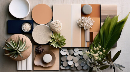 Creative flat lay composition stone tiles and wood panel samples, plants and flowers.  Bohemian...