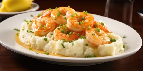 The lens focuses on a generous portion of shrimp scampi served on a bed of fluffy, garlicinfused mashed potatoes, enticingly garnished with finely chopped chives and a vibrant lemon wedge.