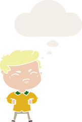 cartoon annoyed man with thought bubble in retro style