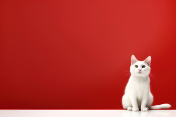 Full body Portrait of White cat sitting on white floor against red wall, isolated on red studio background. Wallpaper, banner with Copy space, free space.
