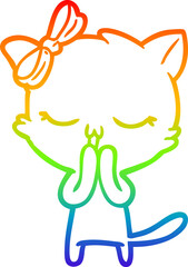 rainbow gradient line drawing of a cartoon cat with bow on head