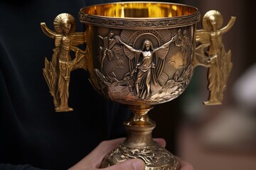 Feast of Corpus Christi depicting Jesus Christ in the sacrament of the Eucharist, presented in a holy grail - a bronze and gold cup with a religious cross. Generative AI - obrazy, fototapety, plakaty