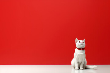 White cat wearing a red collar and sitting on white floor against red wall, isolated on studio...