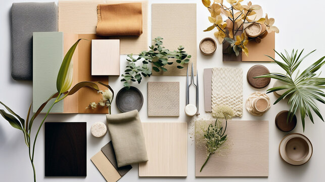 Creative flat lay composition wood and textile samples, flowers, plants ,panels, cement tiles and bookmark. Bohemian stylish interior designer moodboard.  Warm earth tone colors with space for text. 