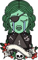 Retro Tattoo Style crying orc rogue character face with natural one D20 roll