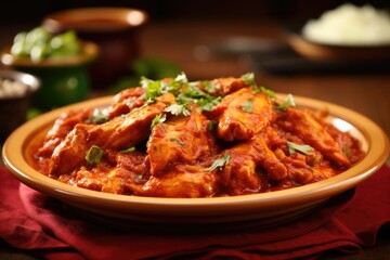 Fototapeta premium Tender s of chicken are lovingly embraced by a tangy yet rich tomato sauce, elevating the dish with layers of complexity imparted by a quintessential blend of Indian es.