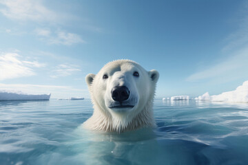 A large polar polar bear swims in the Arctic Ocean. Icebergs and blue sky in the background, water, sea, blue. Wildlife, wild animals in natural habitat. Wide angle.