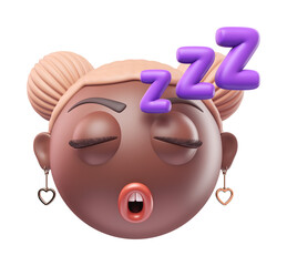 Emoji sleeping face of glamour black african american woman. Cartoon smiley on transparent background. 3D render front view